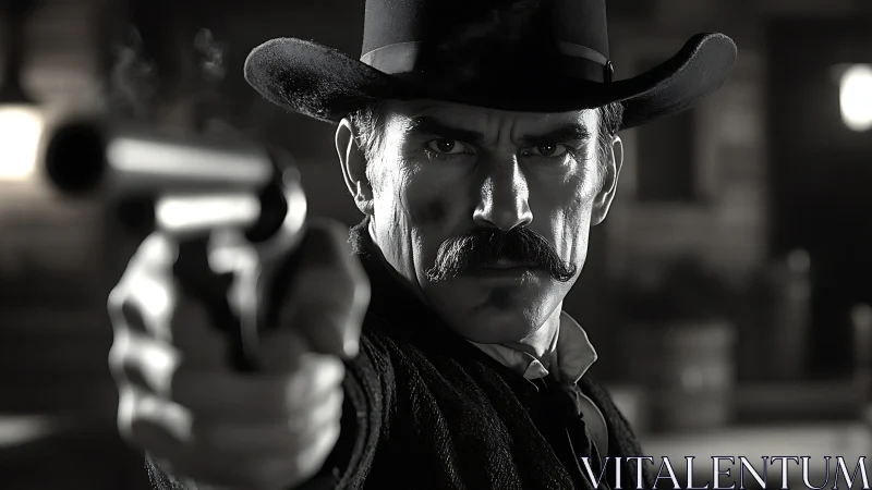 Mustached gunslinger stares down destiny in stark monochrome.