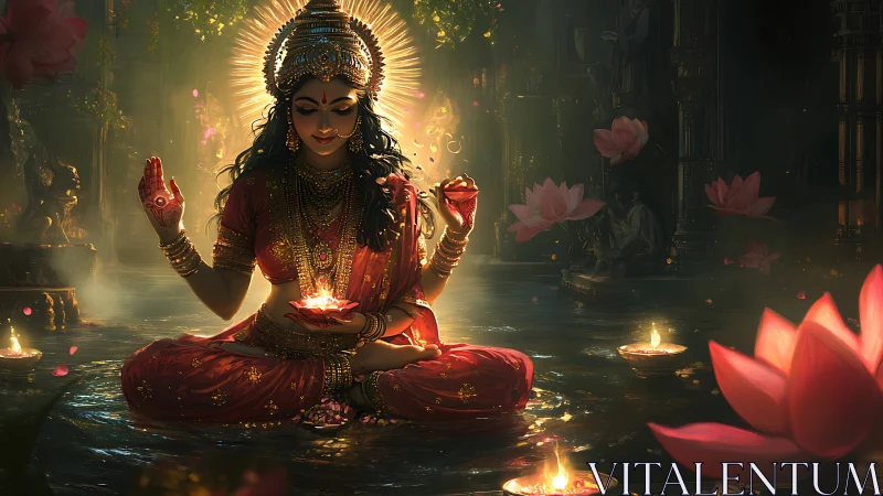 Radiant goddess in red sari surrounded by lotus lanterns.