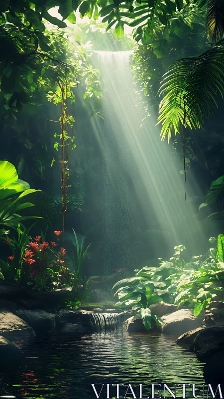 Sunlit rainforest waterfall renders atmospheric depth and clarity