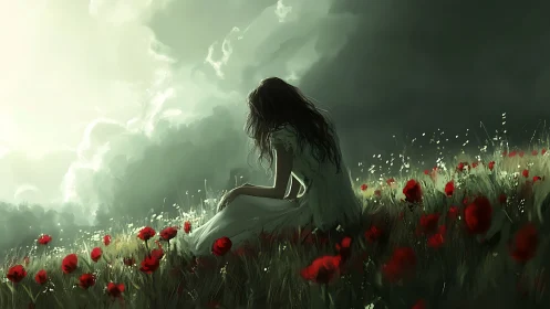 Solitary figure sits in poppy field under stormy sky