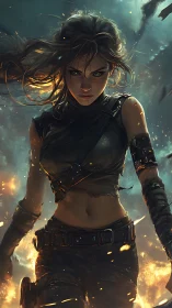 Fierce warrior woman walking through fire and smoke.