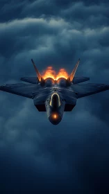 Stealth jet ascends through storm clouds with blazing afterburners.