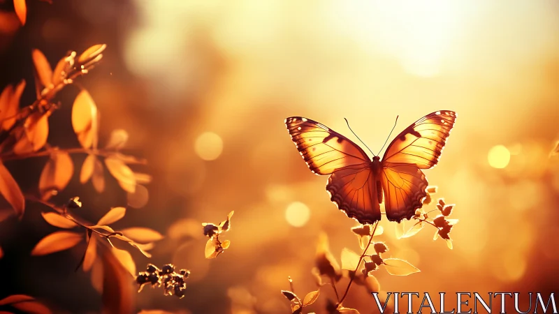 Sunlit monarch hovers like amber glass in warm evening haze