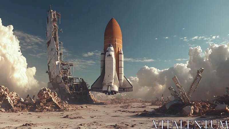 Rocket poised for hopeful launch from silent ruins.