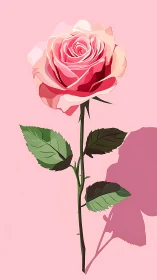 Red Rose on Pink Background with Green Leaves.