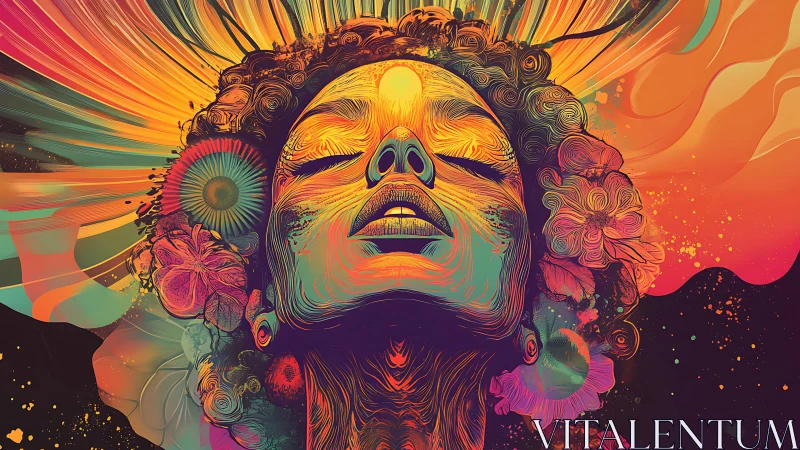 Psychedelic portrait of uplifted woman amid radiant waves.