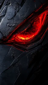 Fractured obsidian cyber-visor with incandescent red core.