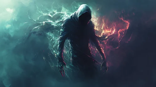 Mysterious hooded spirit walking through swirling fire and mist.