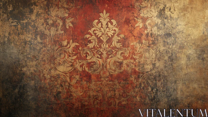 Vintage Damask Pattern on Aged Textured Wall Art Background.