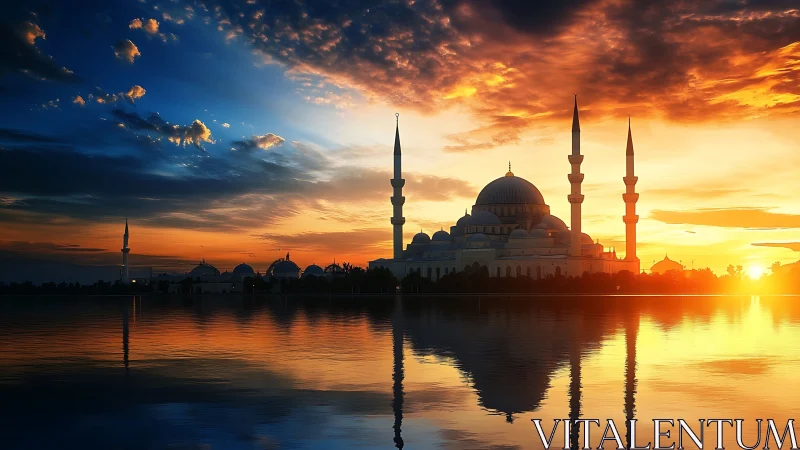 Photorealistic mosque silhouette under dramatic sunset sky.