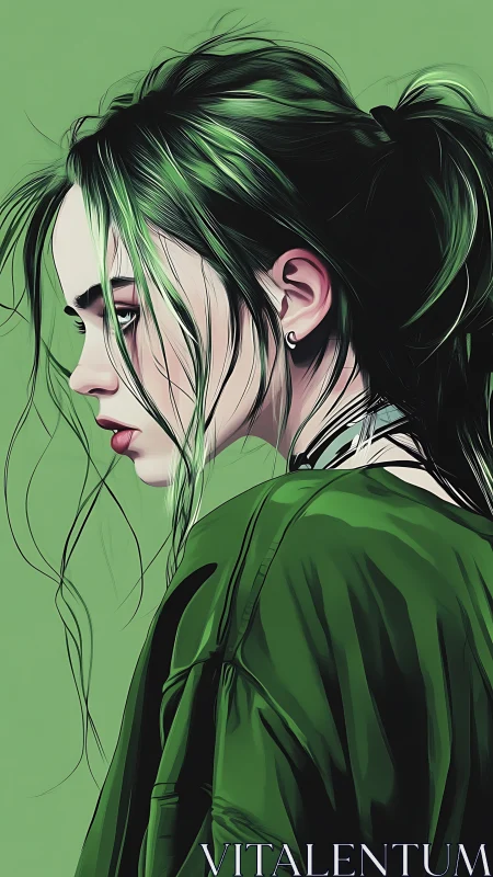 Green-haired girl in moody profile digital portrait illustration.