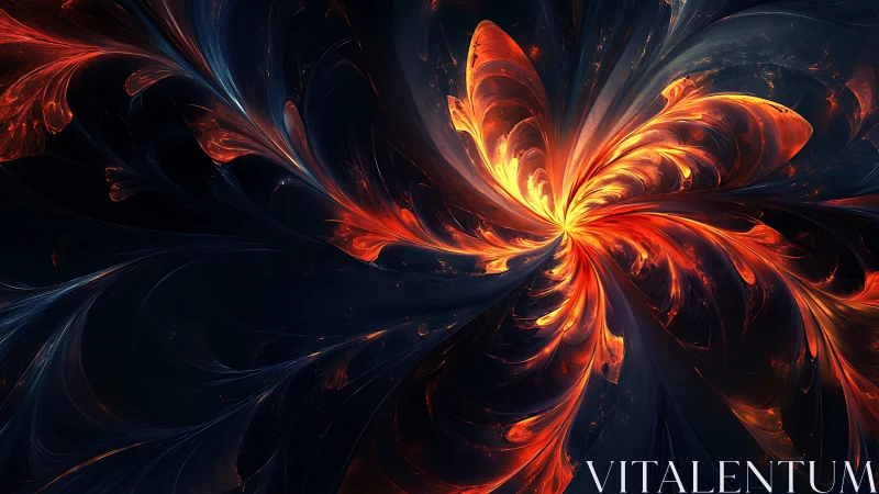 Fiery abstract fractal flower shape expands from dark center
