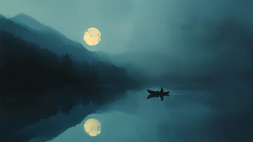 Solitary rowboat under full moon on misty mountain lake.