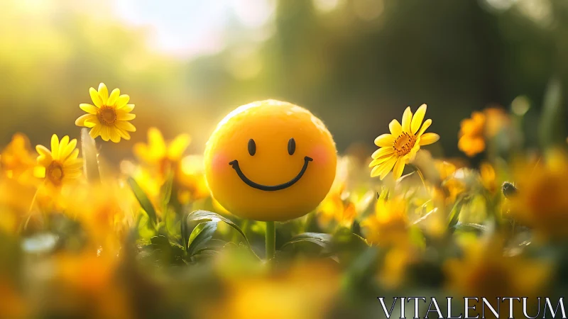 Smiley face sphere stands among yellow flowers in sunlight