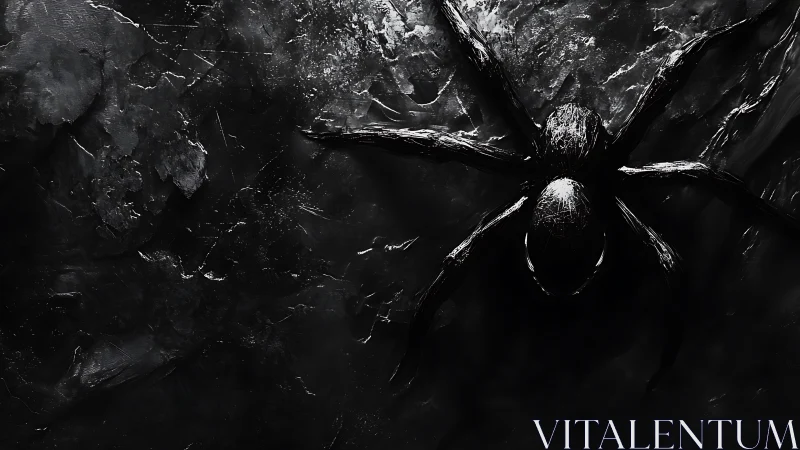 High-contrast monochrome tarantula on textured dark surface