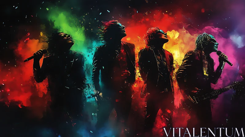 Digital silhouettes of four musicians stand amid colored smoke