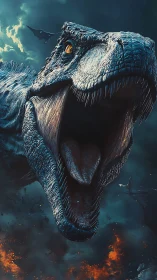 Roaring dinosaur lunges forward through stormlit inferno