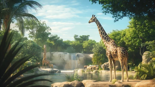 Photorealistic savanna oasis with giraffes in layered depth.