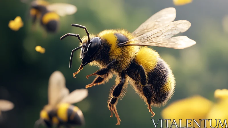 Close-up of a flying bumblebee over soft green background.
