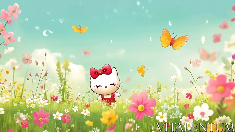 Anime floral meadow with kawaii cat character and butterflies.