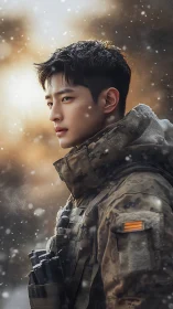 Male soldier in winter camouflage gear under snowfall.