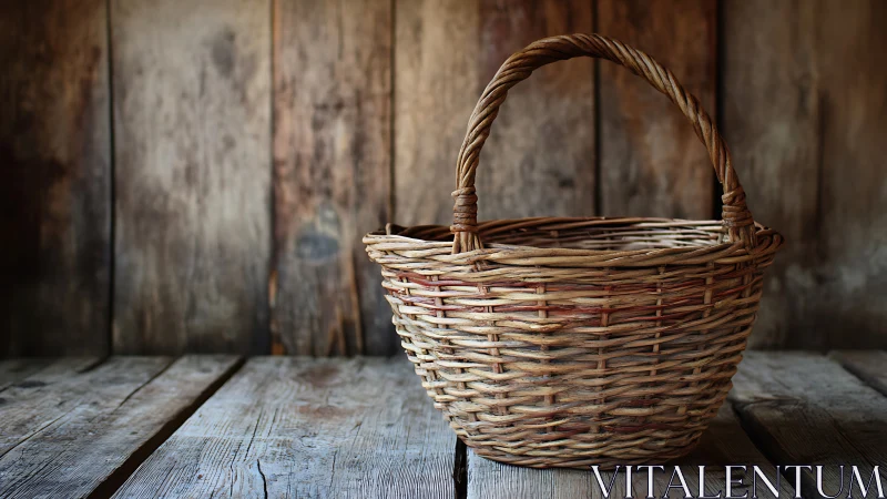 Woven basket resting on rustic wooden boards in soft light.