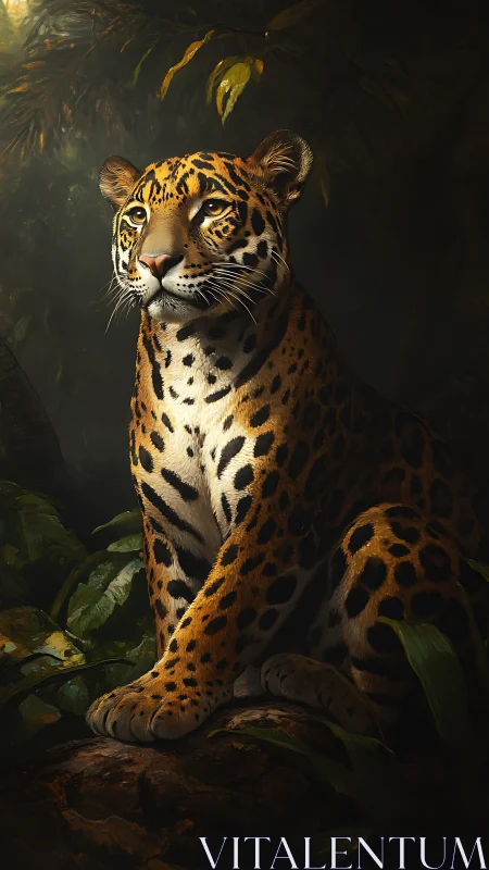 Majestic jaguar resting softly in warm jungle sunlight.