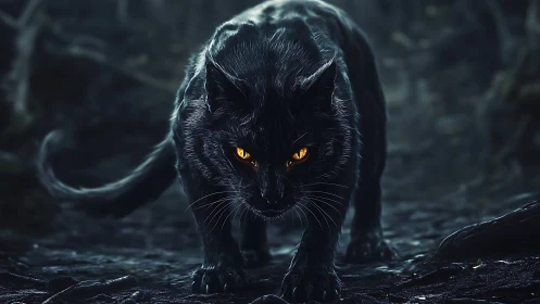 Black cat with glowing amber eyes stalking through dark forest.