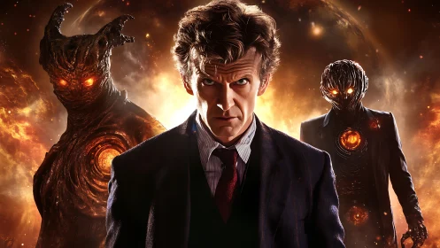 Time-worn hero framed by molten cosmic guardians in firestorm.