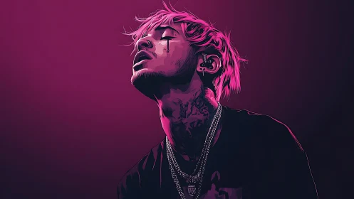 Stylized magenta portrait of singer in side-lit profile.