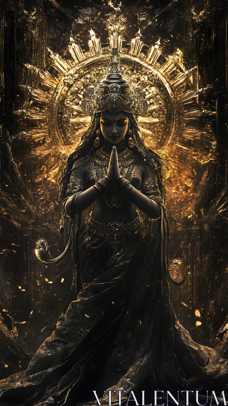 Gilded dark goddess stands before radiant circular aureole