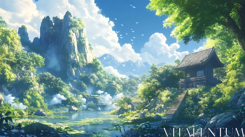 Landscape scene depicts riverside house near forested cliffs