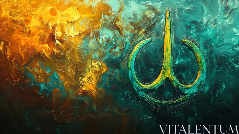 Abstract teal and amber field with central circular symbol.