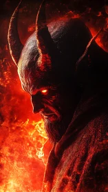 Horned demon glows in searing infernal firelit darkness