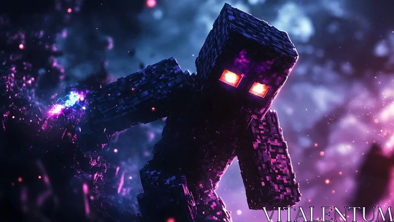 Voxel ender golem advances through luminous nebula haze