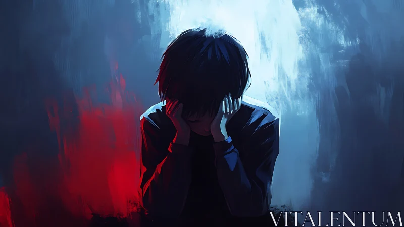 Sad boy holds head in hands in blue and red light.
