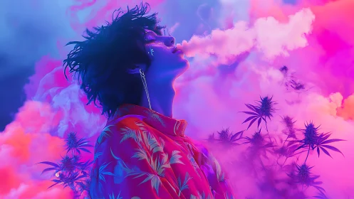 Profile view of figure exhaling vapor in neon fog field.