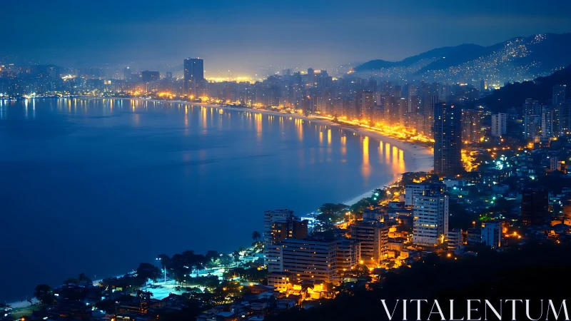 Coastal high rise city skyline at night with illuminated shoreline.