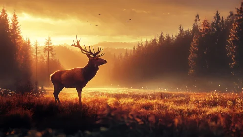 Majestic red deer in sunlit conifer forest clearing at dawn