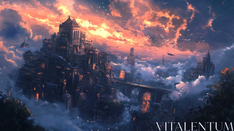 Vast tiered city rising above dense clouds at sunset.