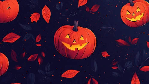 Glowing jack-o&rsquo;-lantern pumpkins float in a playful night sky