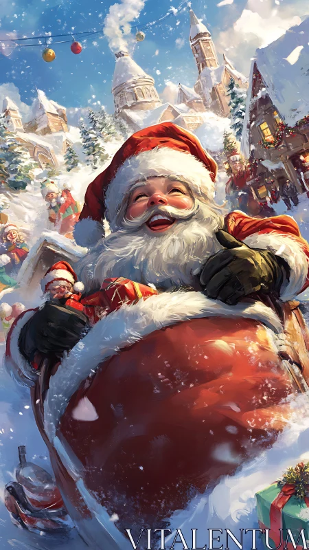 Jolly Santa rides through snowy village with overflowing gifts