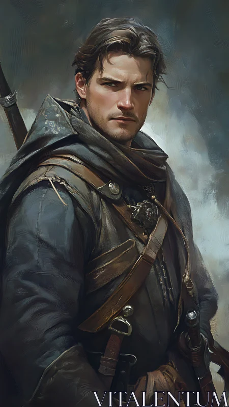 Medieval ranger figure in layered leather travel gear.