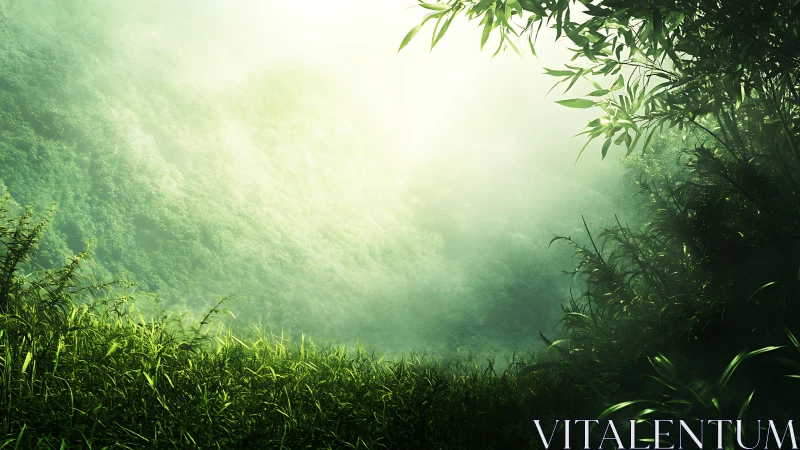 Lush misty rainforest clearing with backlit foliage gradients