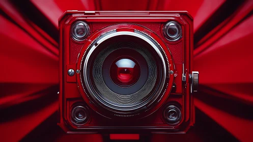 Bold red retro camera lens invites a close, curious gaze