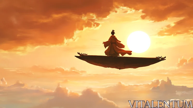 Sunlit sky pilgrimage with robed figure on floating craft.