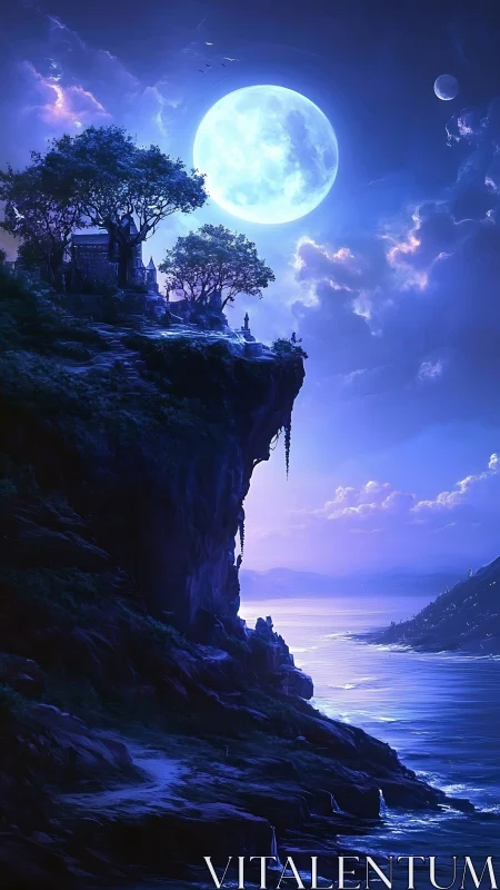 Luminescent Moonrise Over Coastal Cliff Architecture.