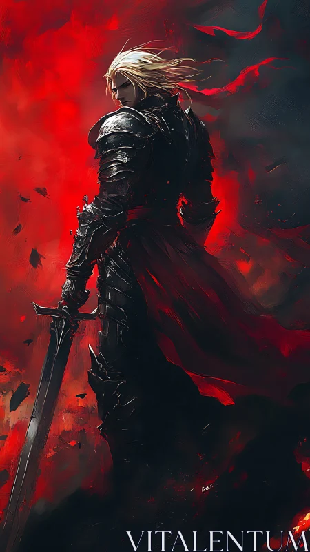 Crimson clad knight stands ready in swirling firelit storm