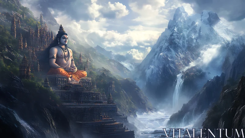 Colossal seated deity statue dominates misty terraced mountain temple