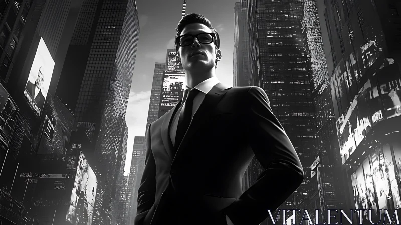Confident businessman stands in dark city street canyon.